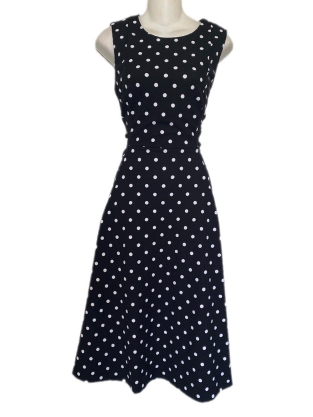 Calvin Klein Black & White Polka Dot Sleeveless Flare Midi Dress 8